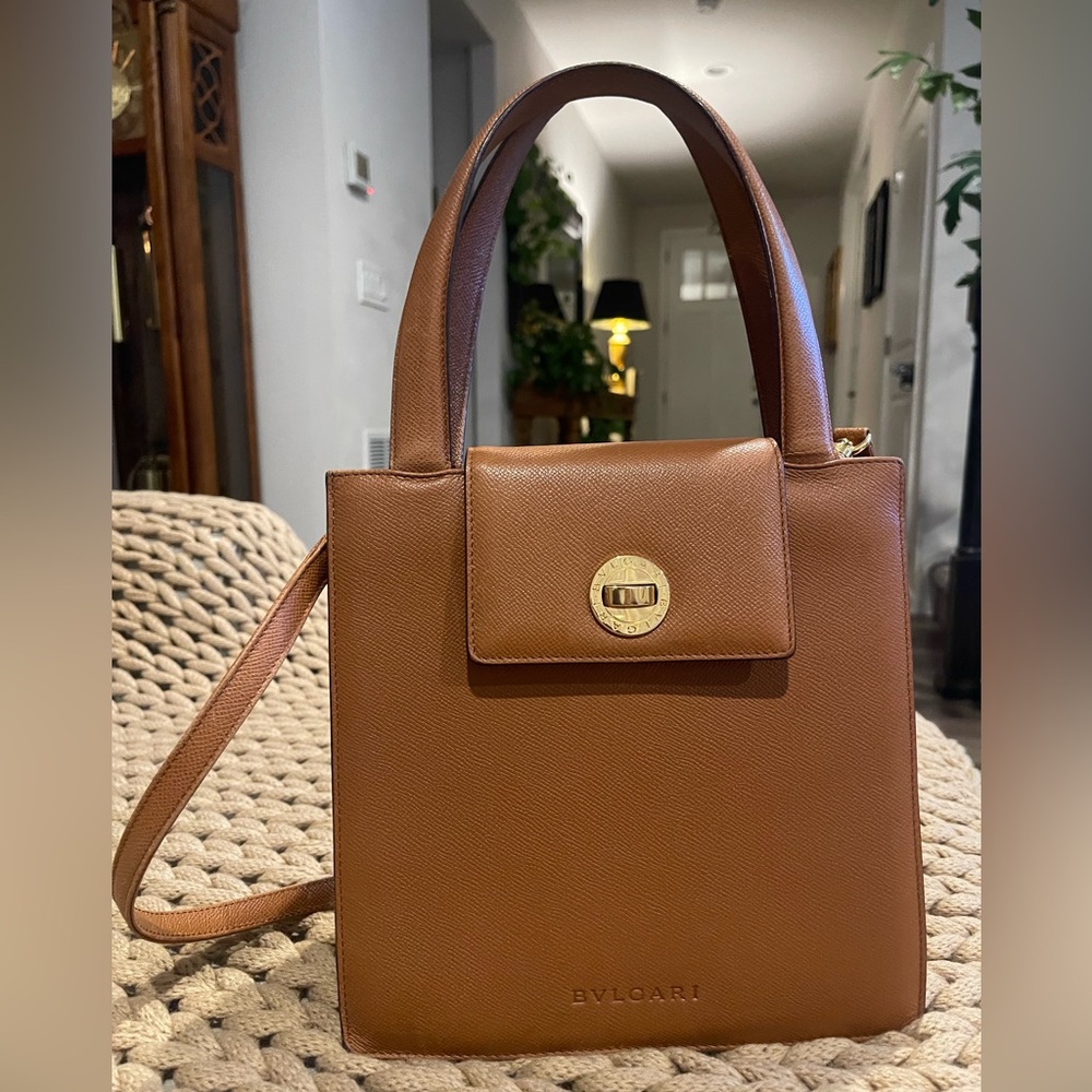 BVLGARI Engraved Camel Brown Shoulder Bag with Gold Hardware
